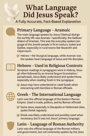 A digital infographic titled “What Language Did Jesus Speak?” is divided into four sections. Each section is marked with an icon and brief explanation. The top-left highlights Aramaic as Jesus' primary spoken language, showing a speech bubble and noting its use in daily life and teachings. The top-right describes Hebrew as used for religious contexts, represented by a Torah scroll. The bottom-left explains Greek as the international trade and political language, with a globe icon. The bottom-right shows Latin as the Roman government language, with a Roman helmet icon. The design uses warm earthy tones and historical textures for visual clarity.