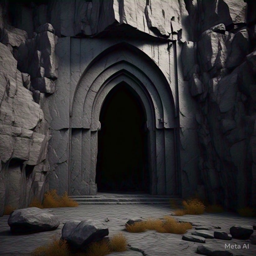 “Ancient stone entrance descending into darkness, symbolizing Sheol—the silent, shadowy realm of the dead described in the Hebrew Bible.”