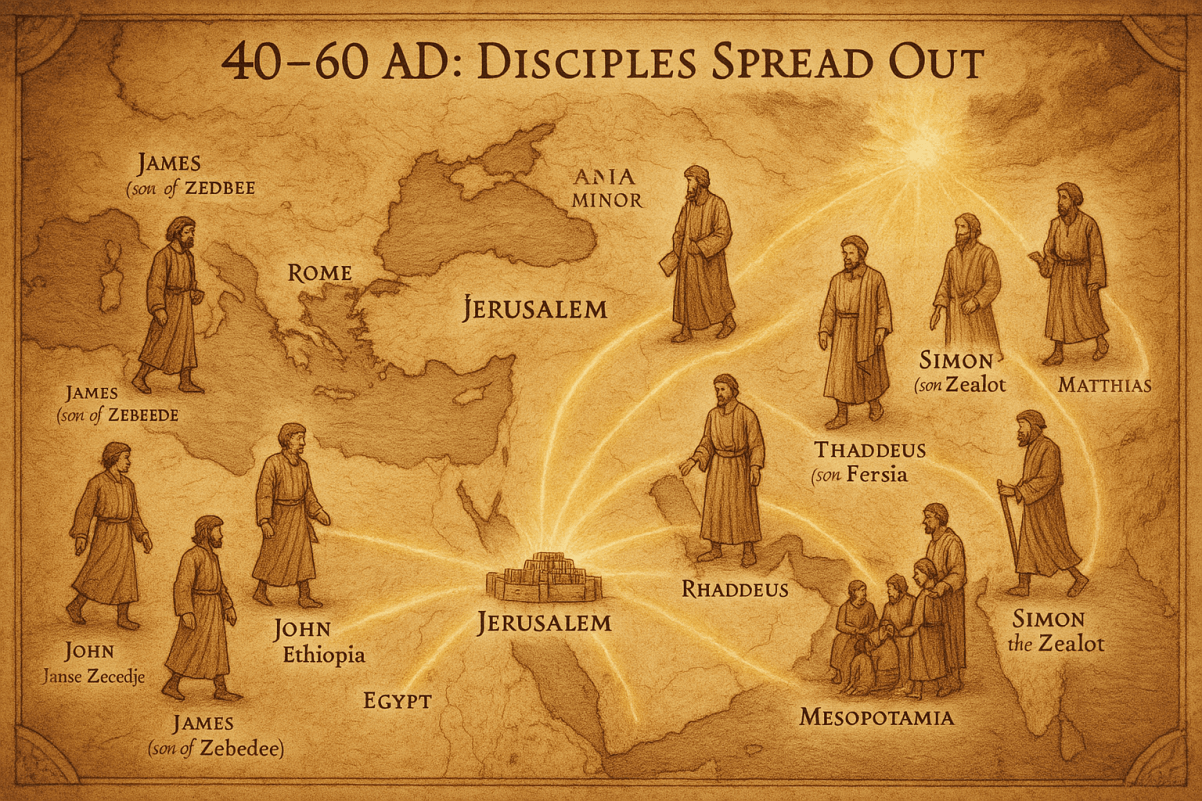 Map of Yeshua’s disciples spreading the message of YHWH from 40–60 AD—see how the original followers reached India, Rome, and beyond.