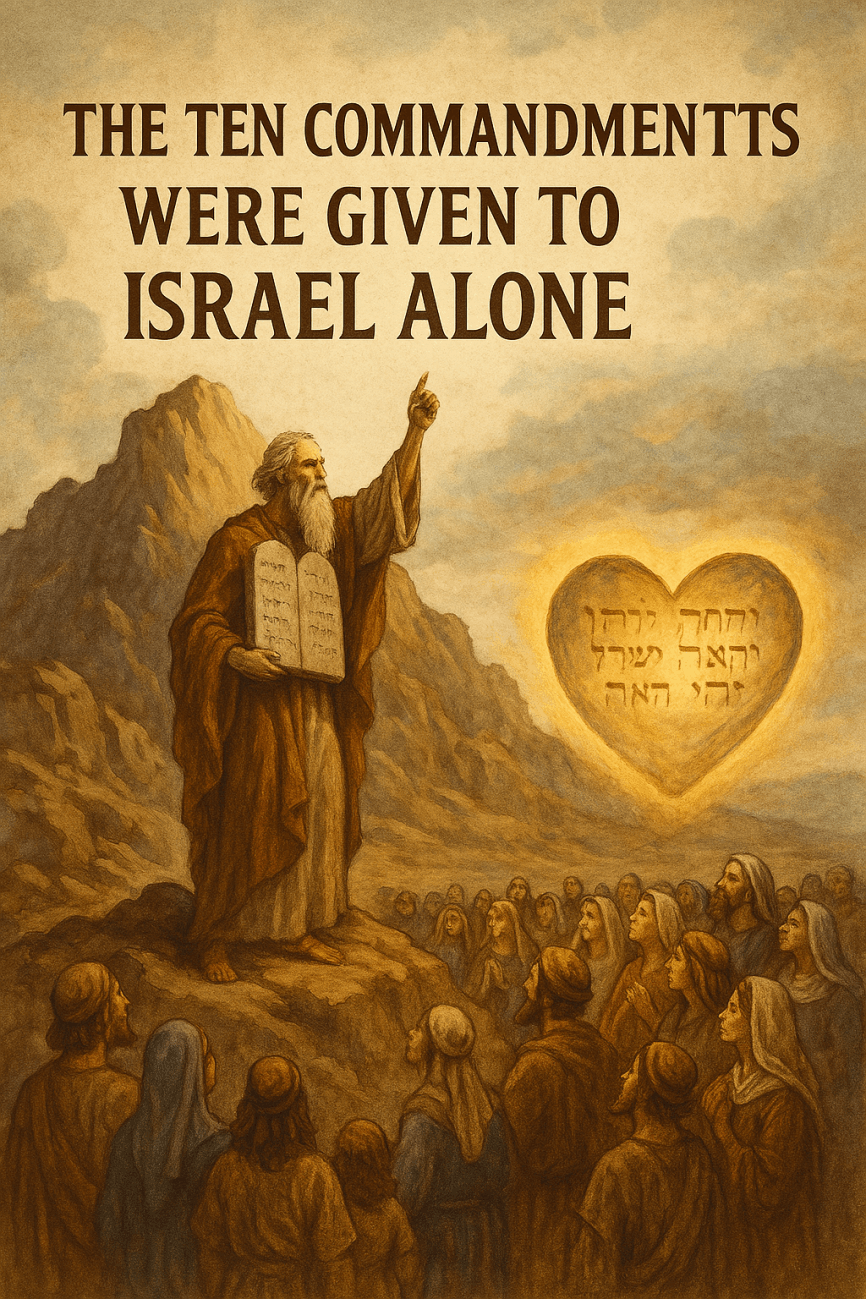 "Moses receiving the Ten Commandments on Mount Sinai with Israel gathered below and a glowing heart-shaped tablet representing the New Covenant written on hearts."
