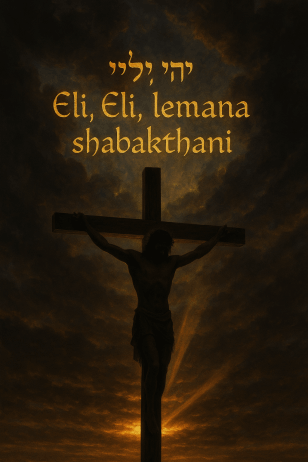 “Silhouette of Yeshua (Jesus) on the cross at sunset with glowing Aramaic text ‘Eli, Eli, lemana shabakthani’ in the sky, symbolizing divine purpose.”