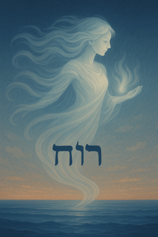 “Wind-formed feminine silhouette gently hovering above the waters, inspired by Genesis 1:2 — the Spirit of God moving over the deep.”