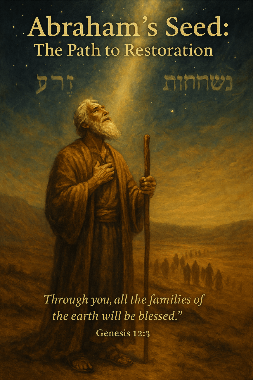 Abraham gazes at the stars in a desert night, illuminated by divine light, with Hebrew words 'Zera' (seed) and 'Mishpechot' (families) shining above, as diverse people walk toward him.